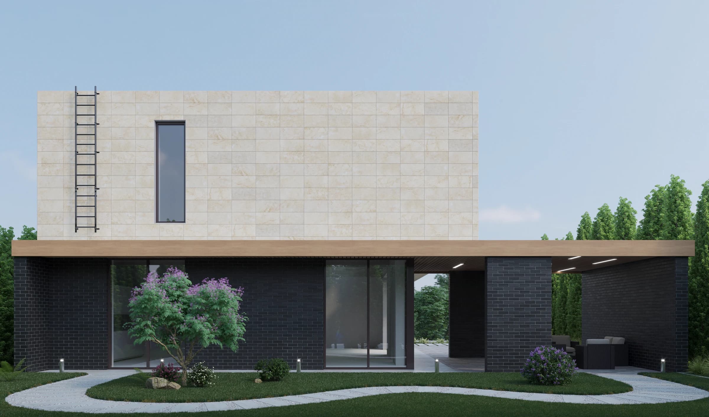 Рендер modern box дома Berlin с акцентом на входную группу